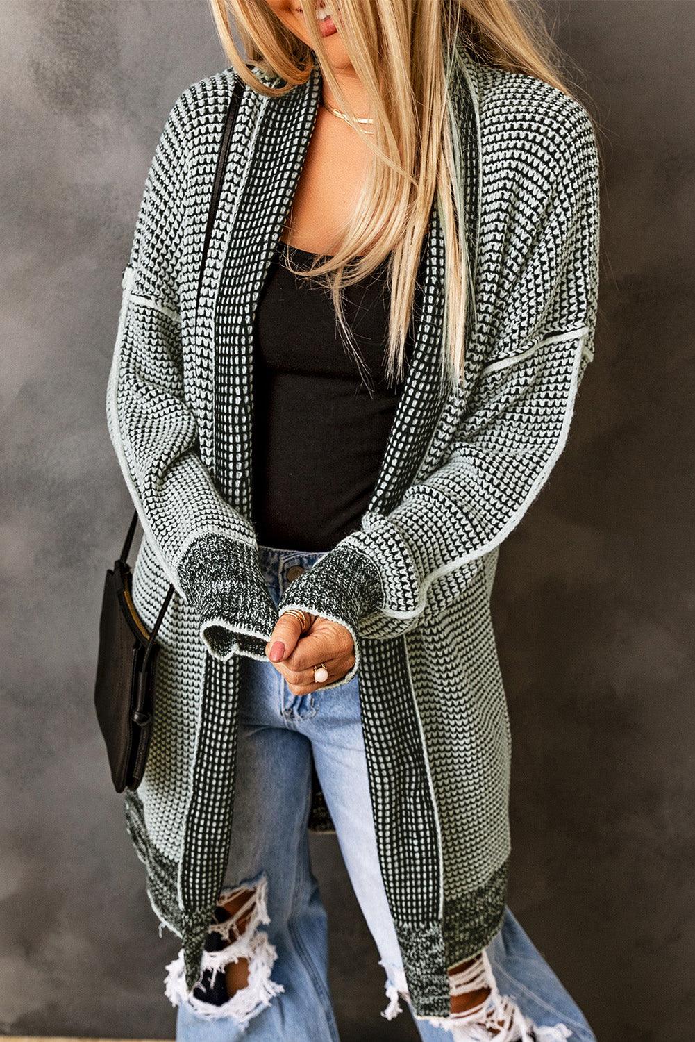 Gray Plaid Knitted Long Open Front Cardigan