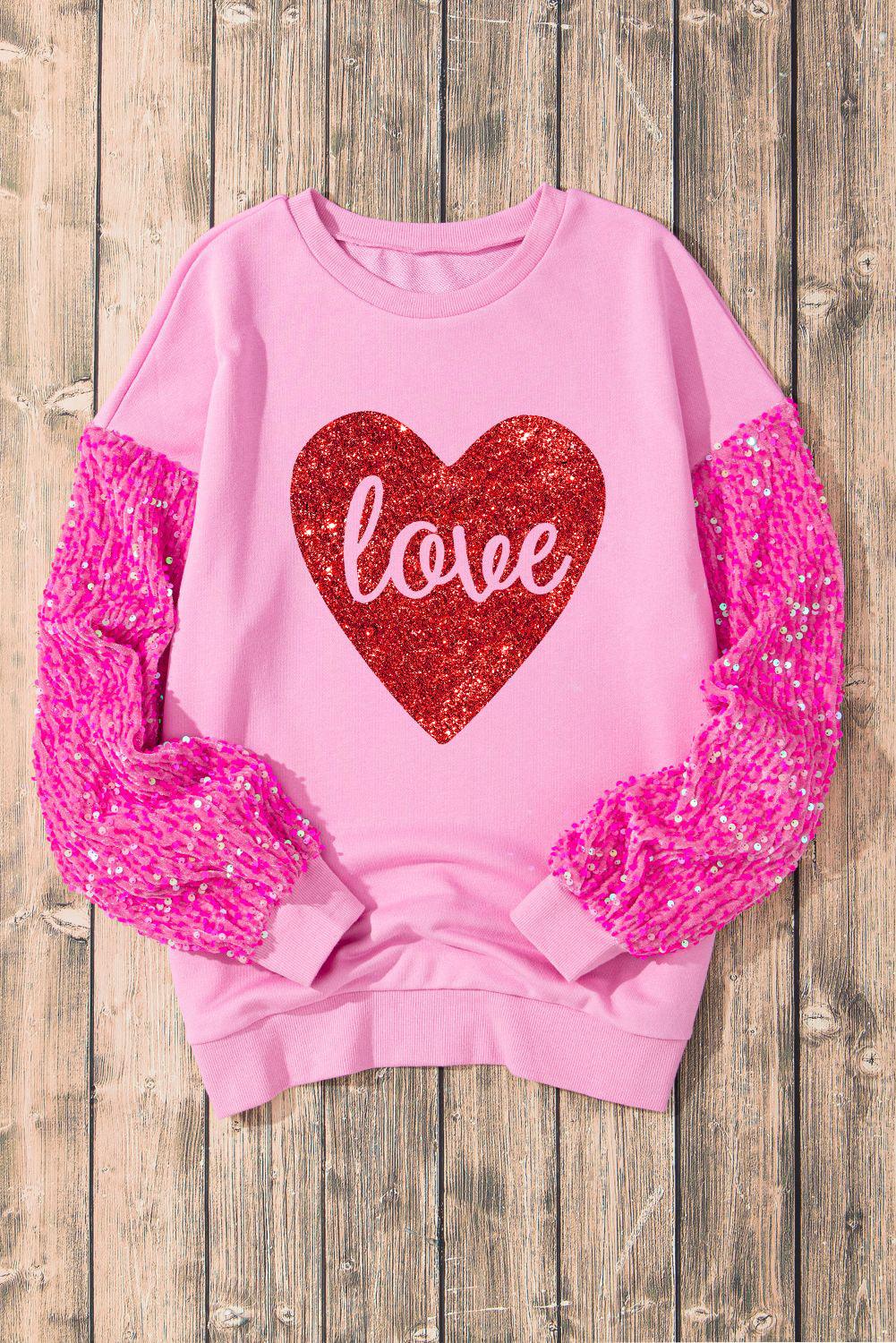 Pink  LOVE Chenille  Sequin Sleeve Top