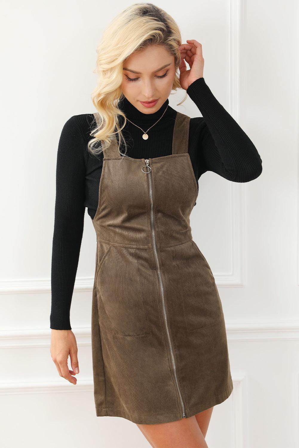 Brown O-ring Zip Up  Pocketed Corduroy Dress