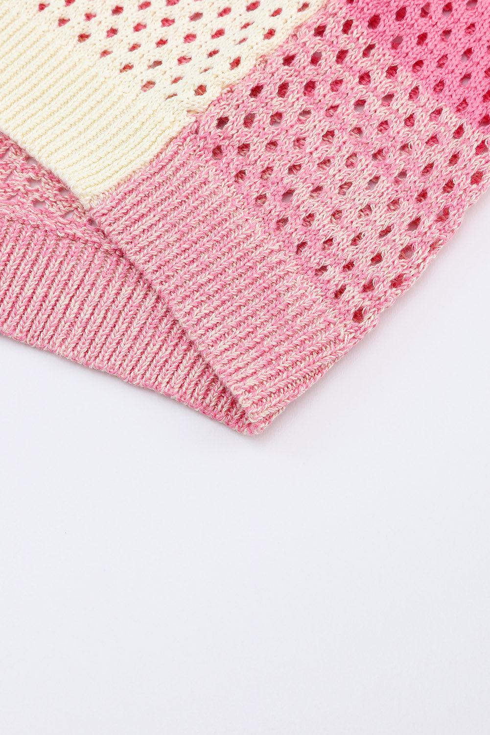 Pink Ribbed Short Sleeve Ombre Eyelet Knitted Cardigan