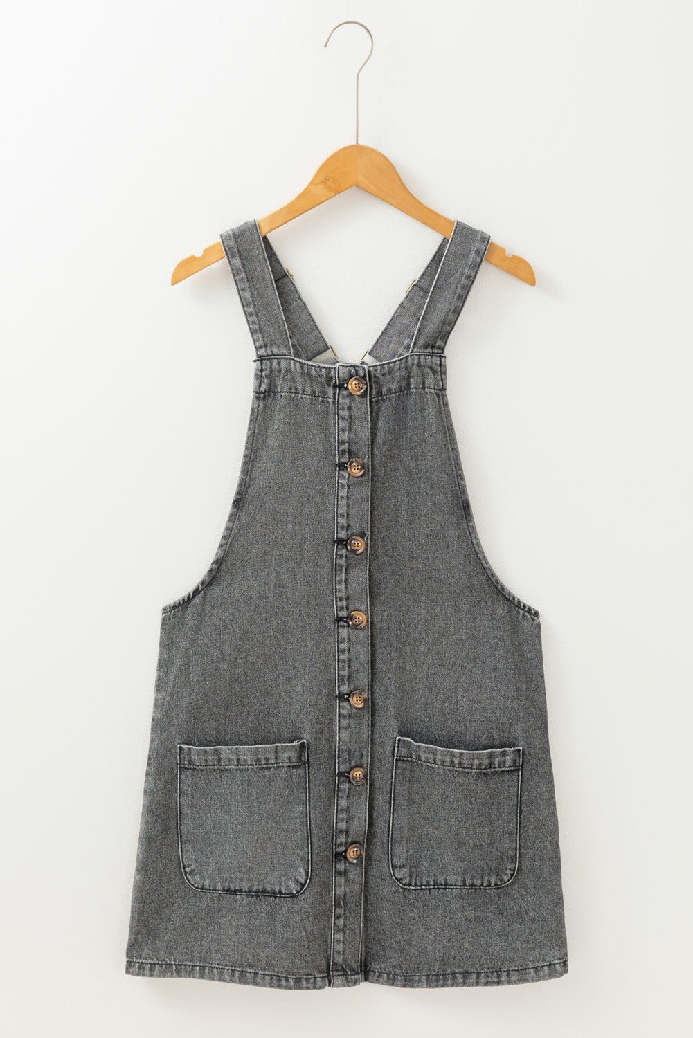 Medium Grey Wide Strap Button Front Pocketed Denim Mini Dress