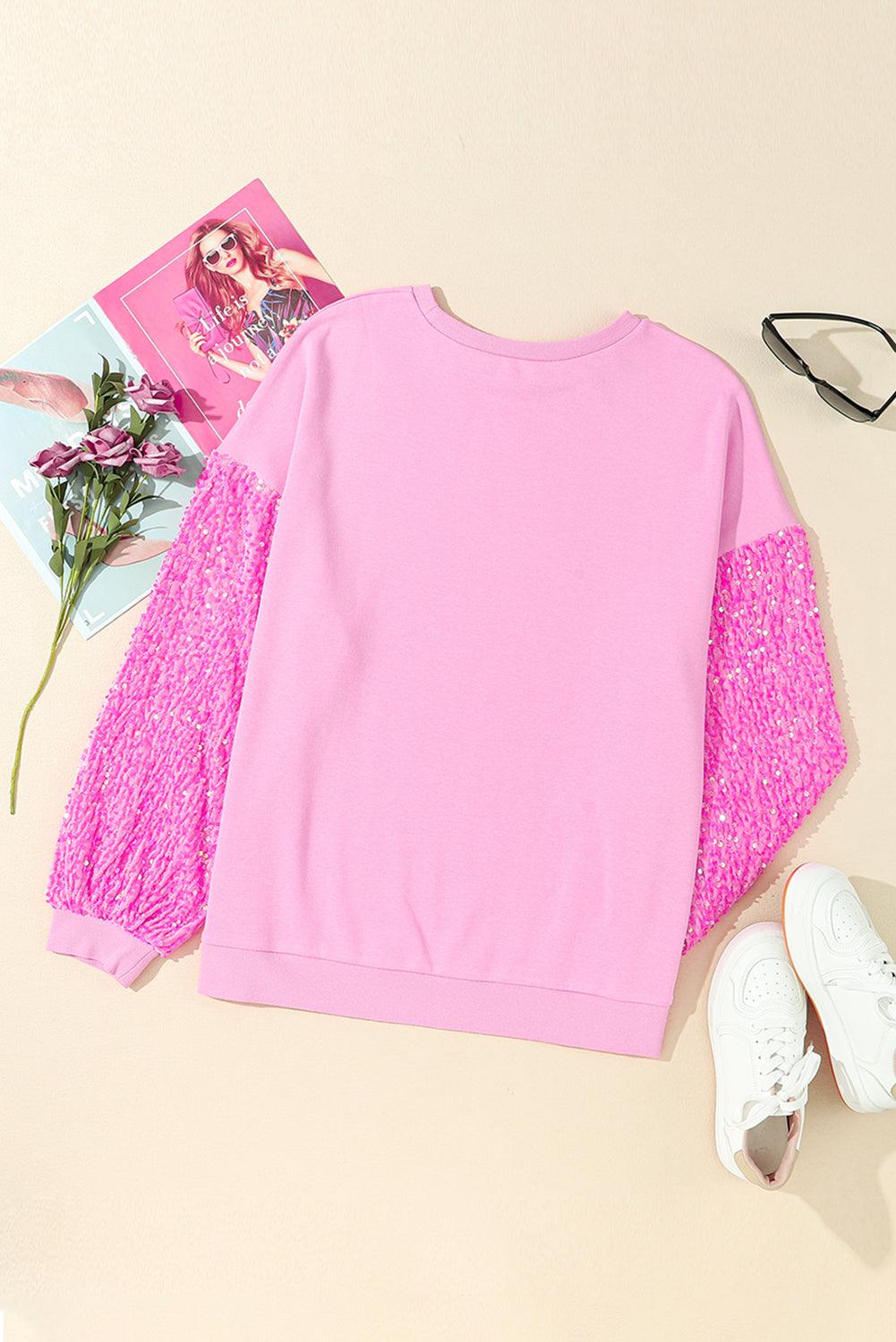 Pink  LOVE Chenille  Sequin Sleeve Top