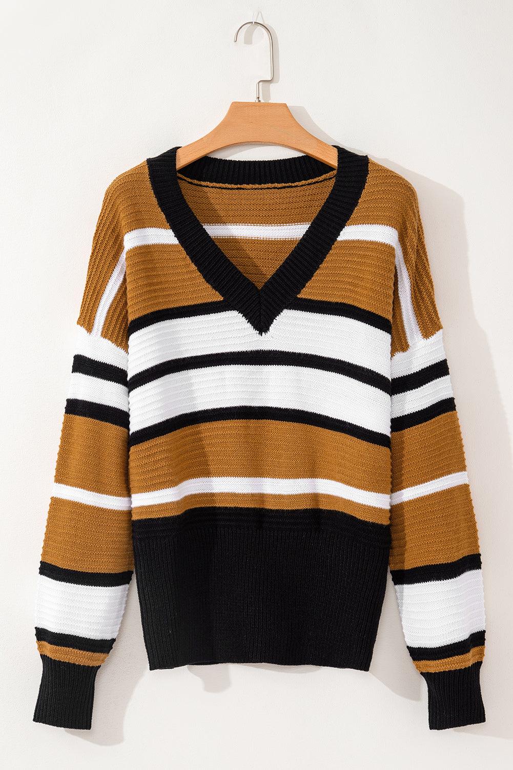 Brown Stripe Contrast Stripes V Neck Textured Knit Sweater