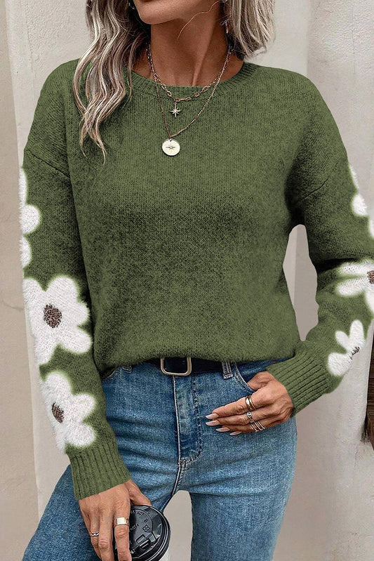 Moss Green Flower Sleeve Drop Shoulder Sweater