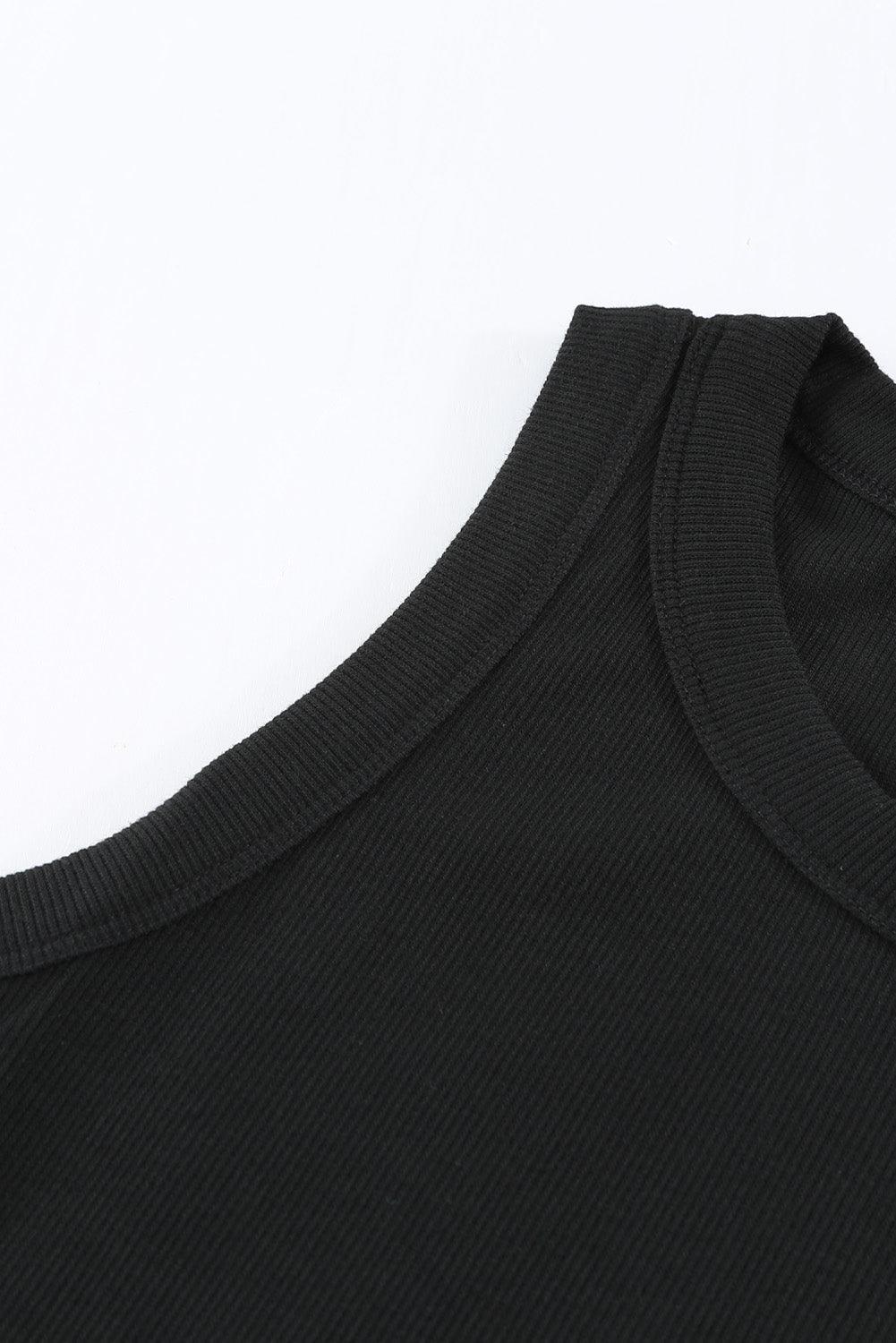 Solid Black Round Neck Ribbed Tank Top