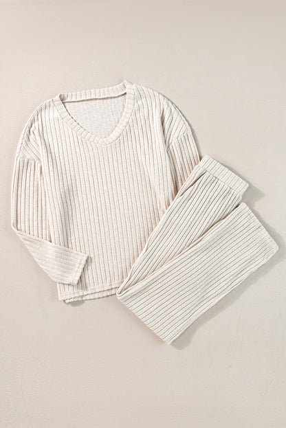 Ribbed Knit Bell Sleeve Crop Top Drawstring Pants Set