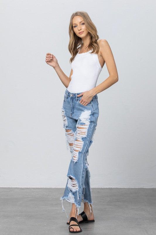 Heavy Destroyed Frayed Hem Straight Jeans