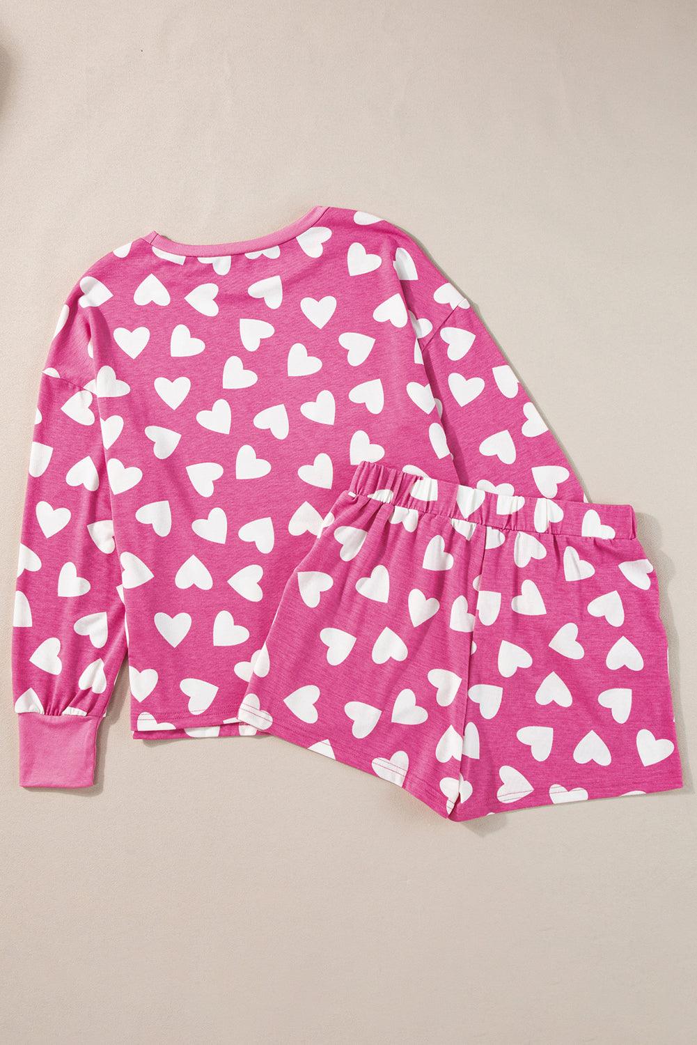 Pink Valentine Heart Shape Print Long Sleeve Top Shorts Lounge Set