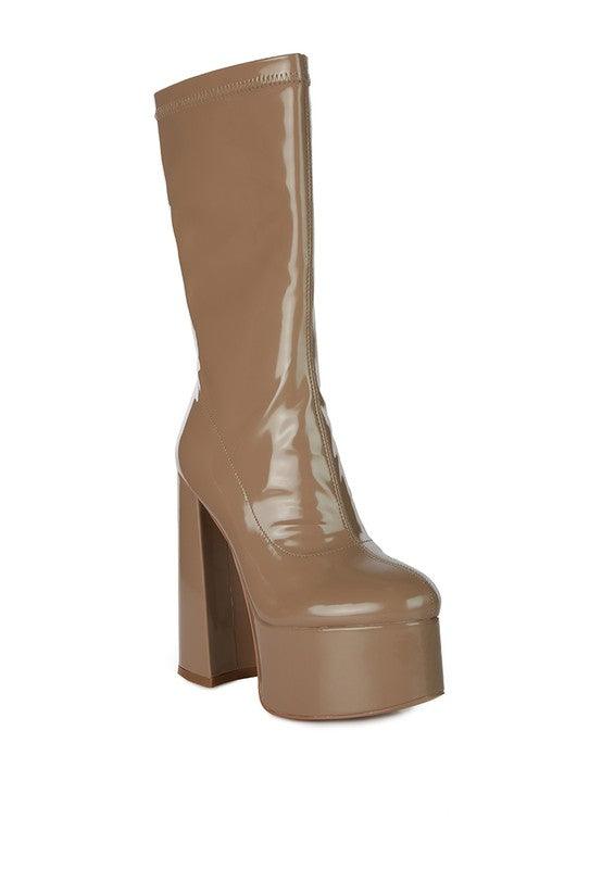 VINKELE Patent PU Platform Heeled Calf Boots