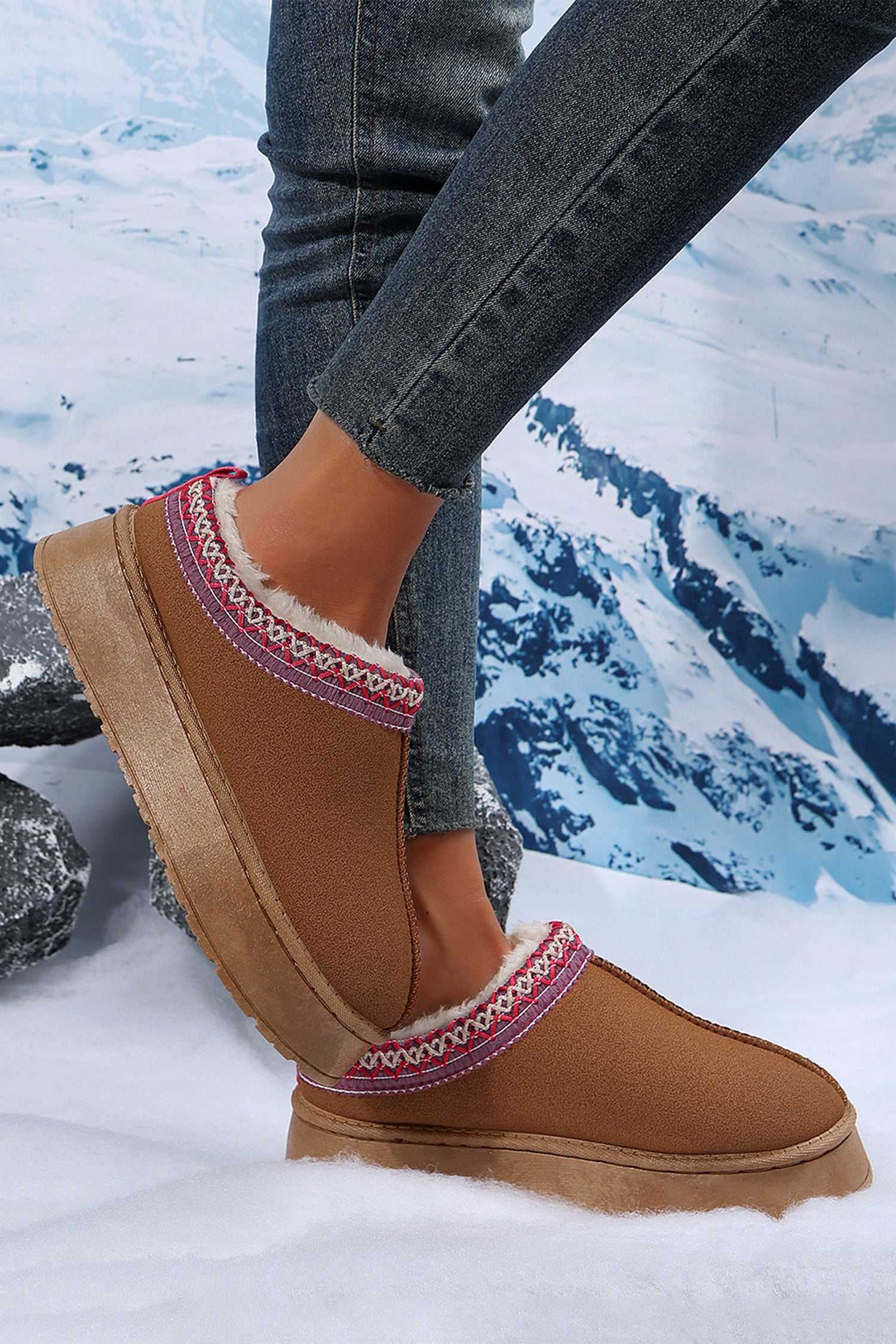 Apricot Pink Suede Contrast Print Plush Lined Snow Boots