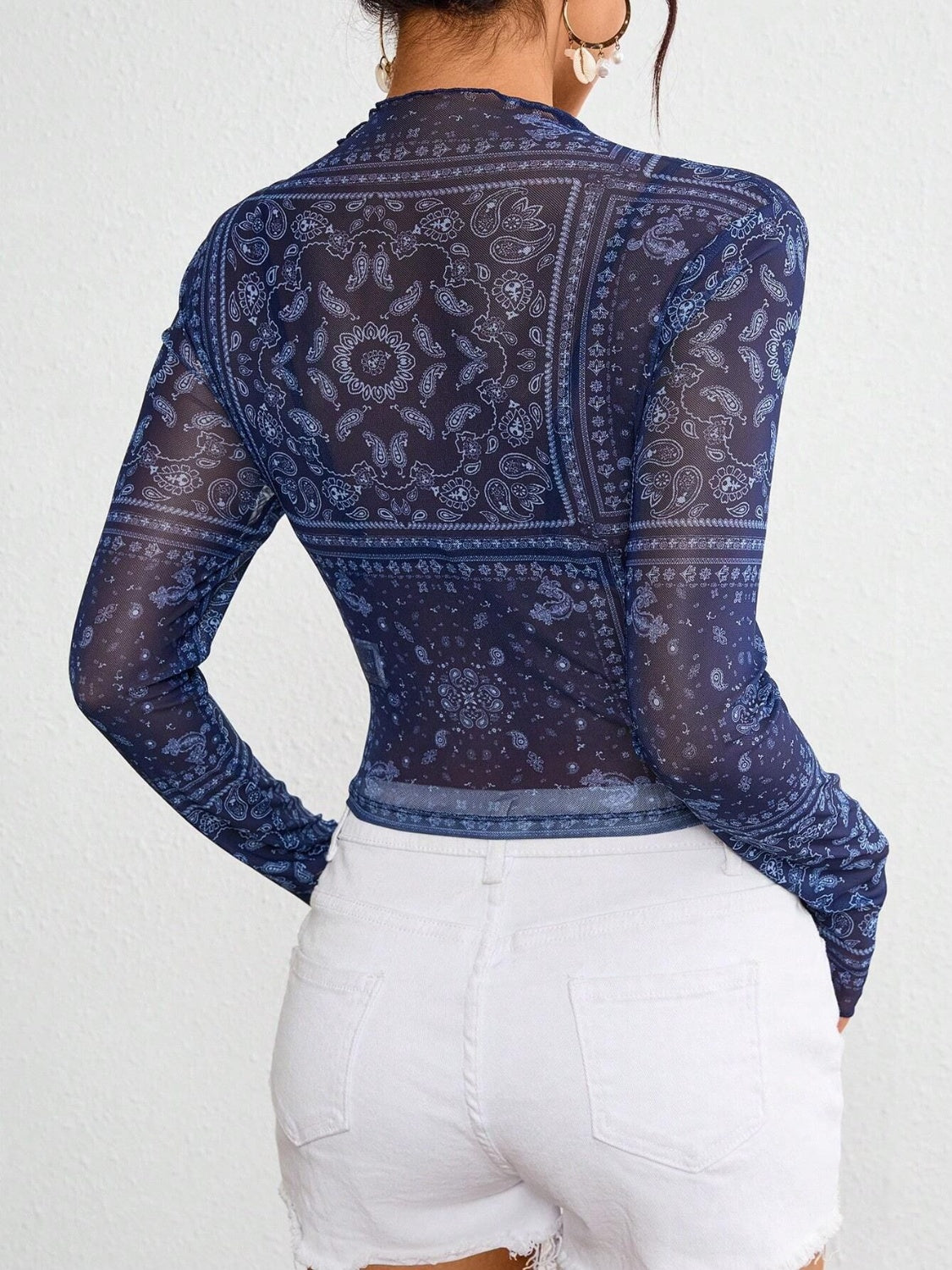 Paisley Mock Neck Long Sleeve Sheer Top