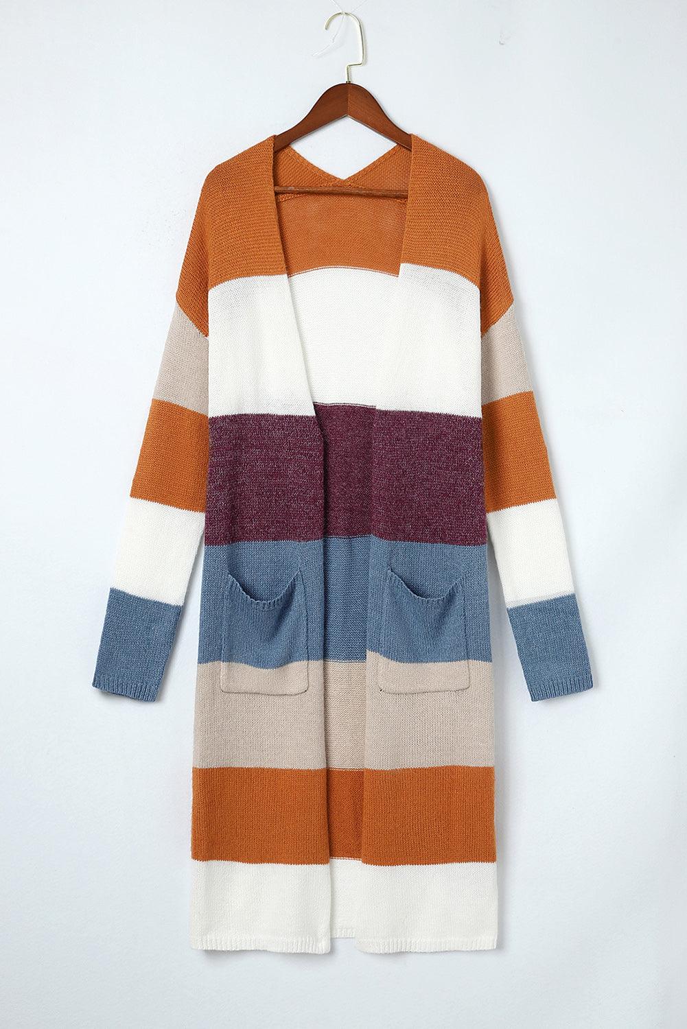 Multicolor Colorblock Open Front Long Knit Cardigan