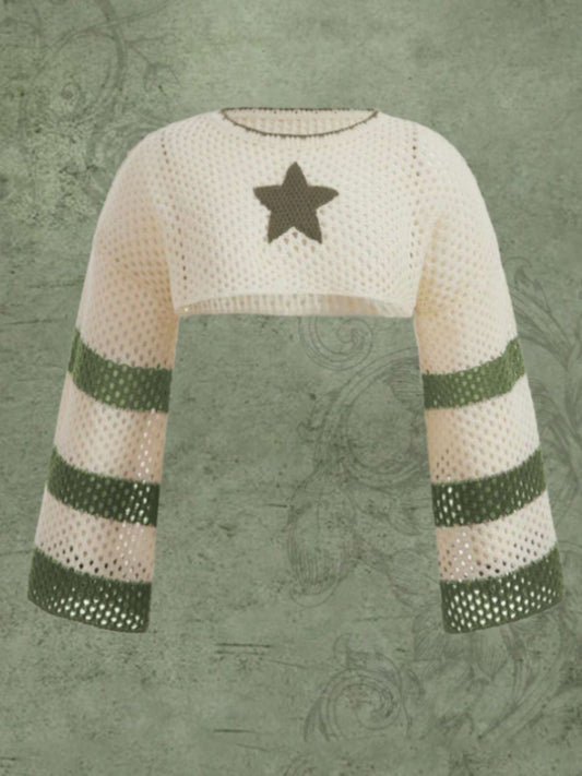Openwork Star Round Neck Long Sleeve Knit Cover Up