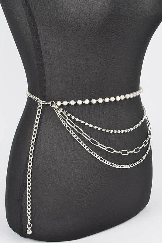 Rhinestone Pearl Station Layered Chain Belt