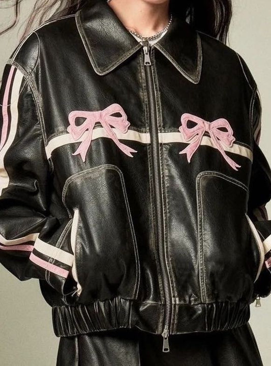 Faux leather bow biker jacket