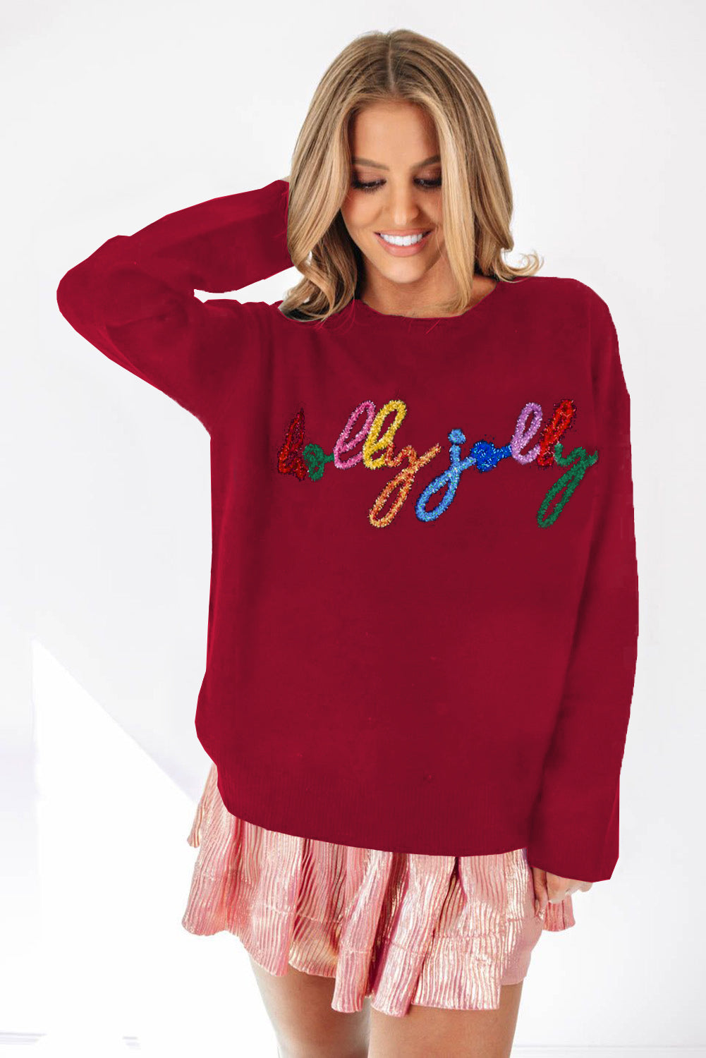Pink Howdy Heart Graphic Round Neck Casual Sweater