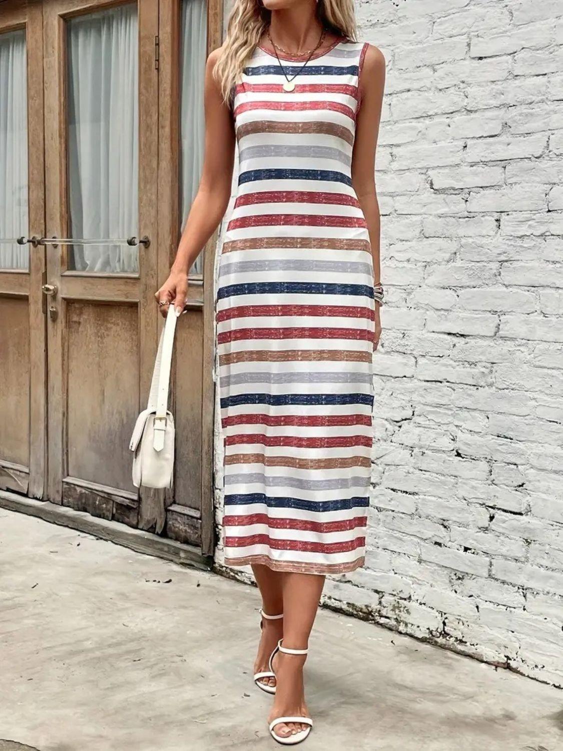 Slit Printed Round Neck Sleeveless Dress