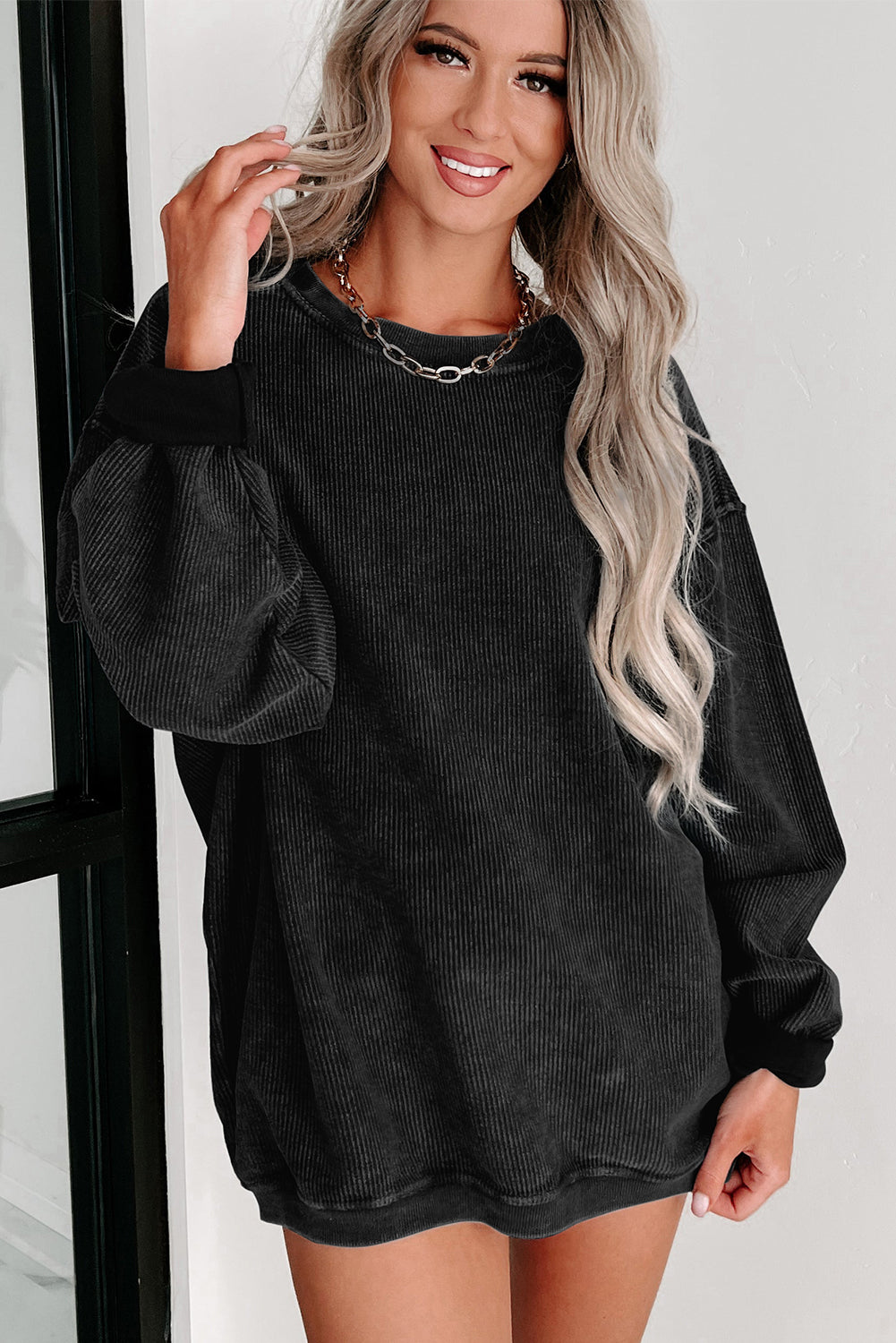 Black Sequin LOVE Chenille Embroidered Graphic Corded Sweatshirt