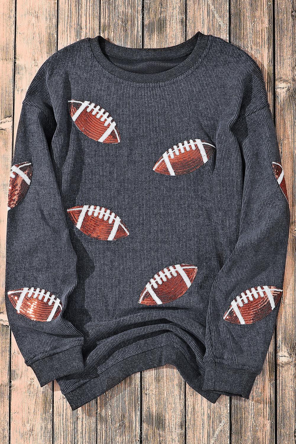 Gray Sequin Rugby Football Graphic Corded Baggy Sweatshirt