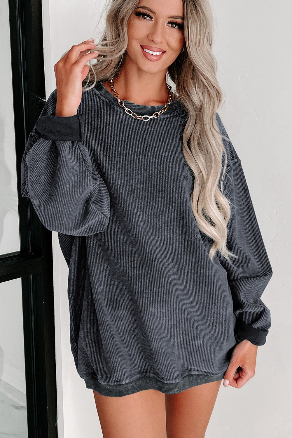 Black Sequin LOVE Chenille Embroidered Graphic Corded Sweatshirt