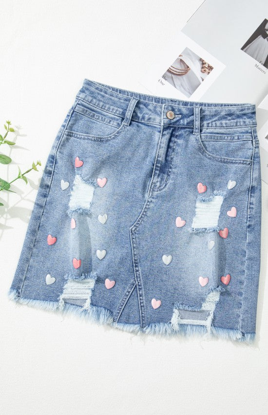 Distressed Raw Hem Heart Denim Skirt