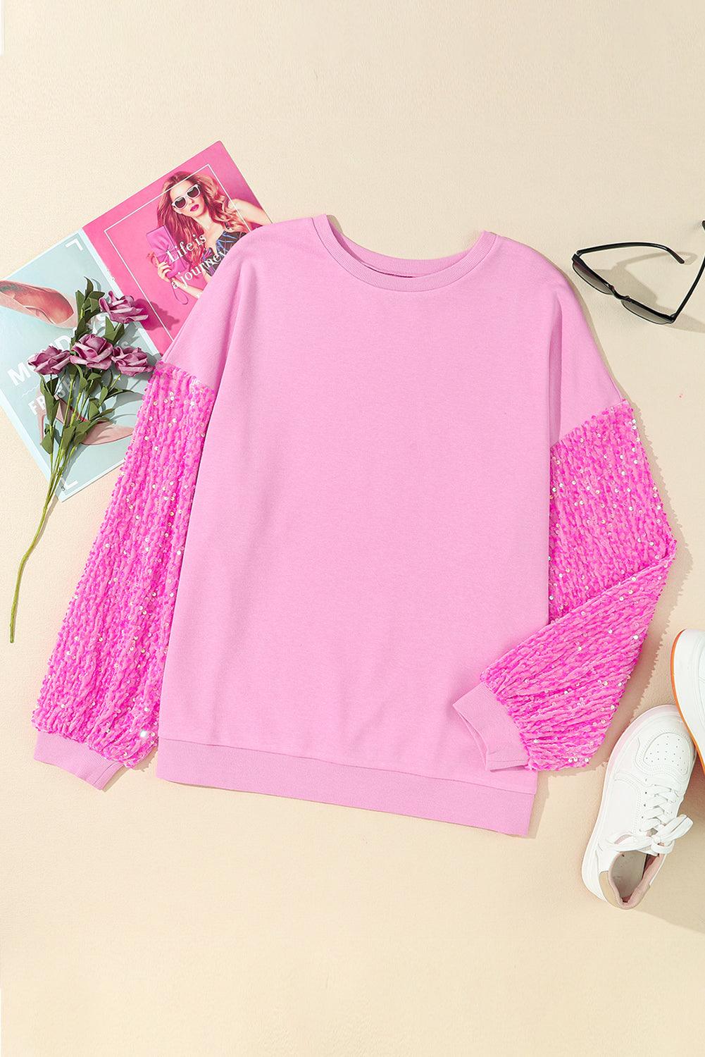 Pink  LOVE Chenille  Sequin Sleeve Top