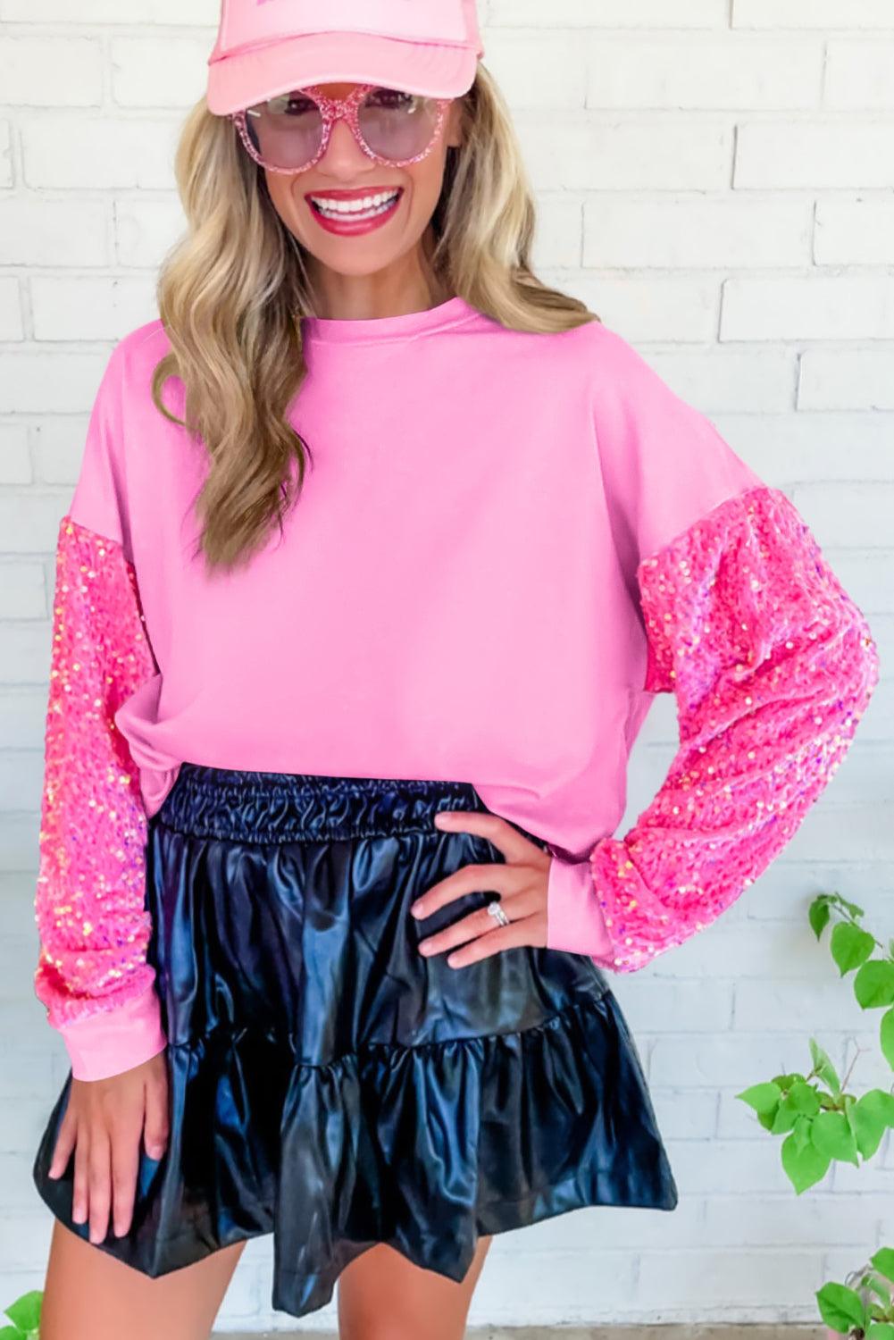 Pink  LOVE Chenille  Sequin Sleeve Top