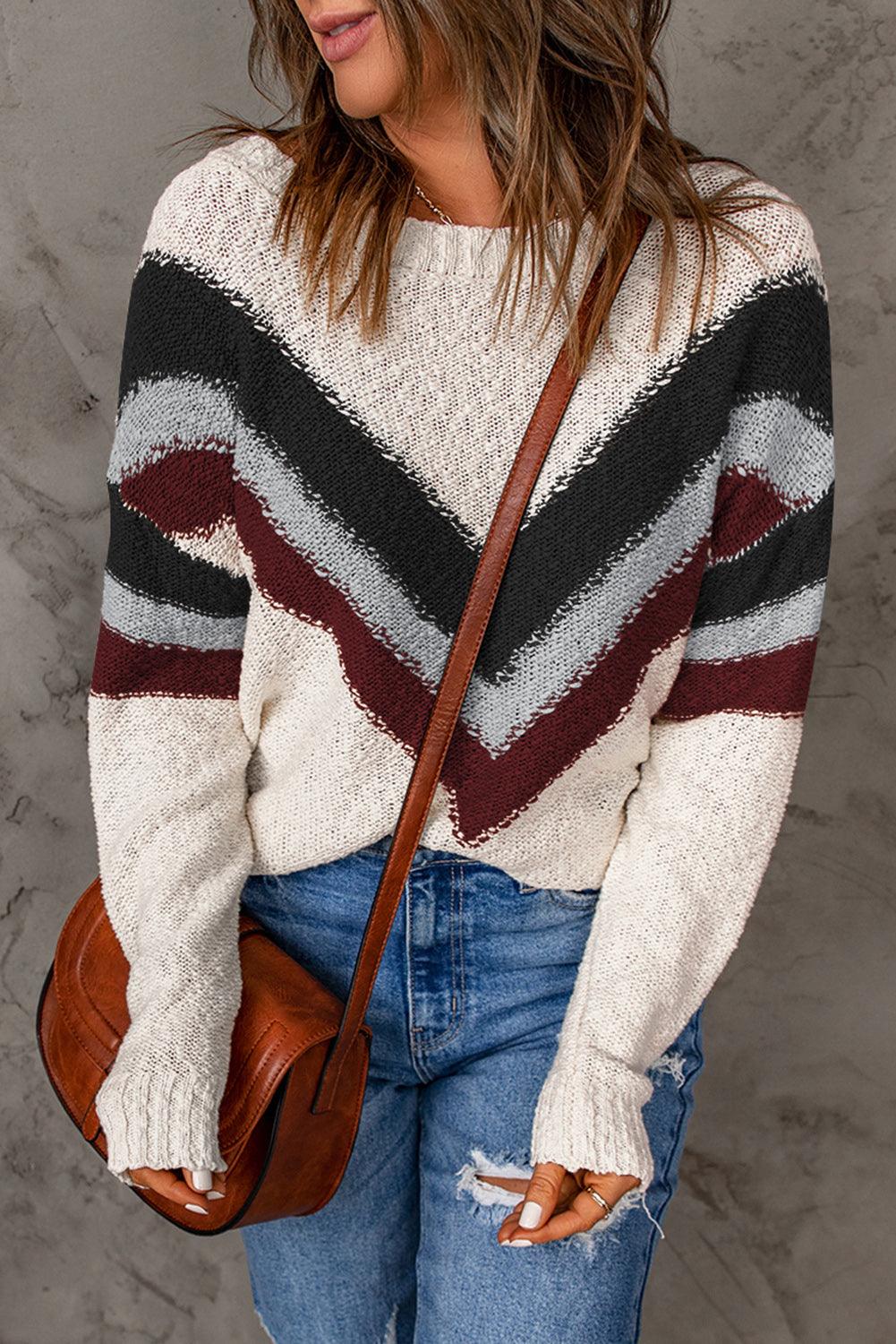 Multicolor Chevron Striped Drop Shoulder Sweater