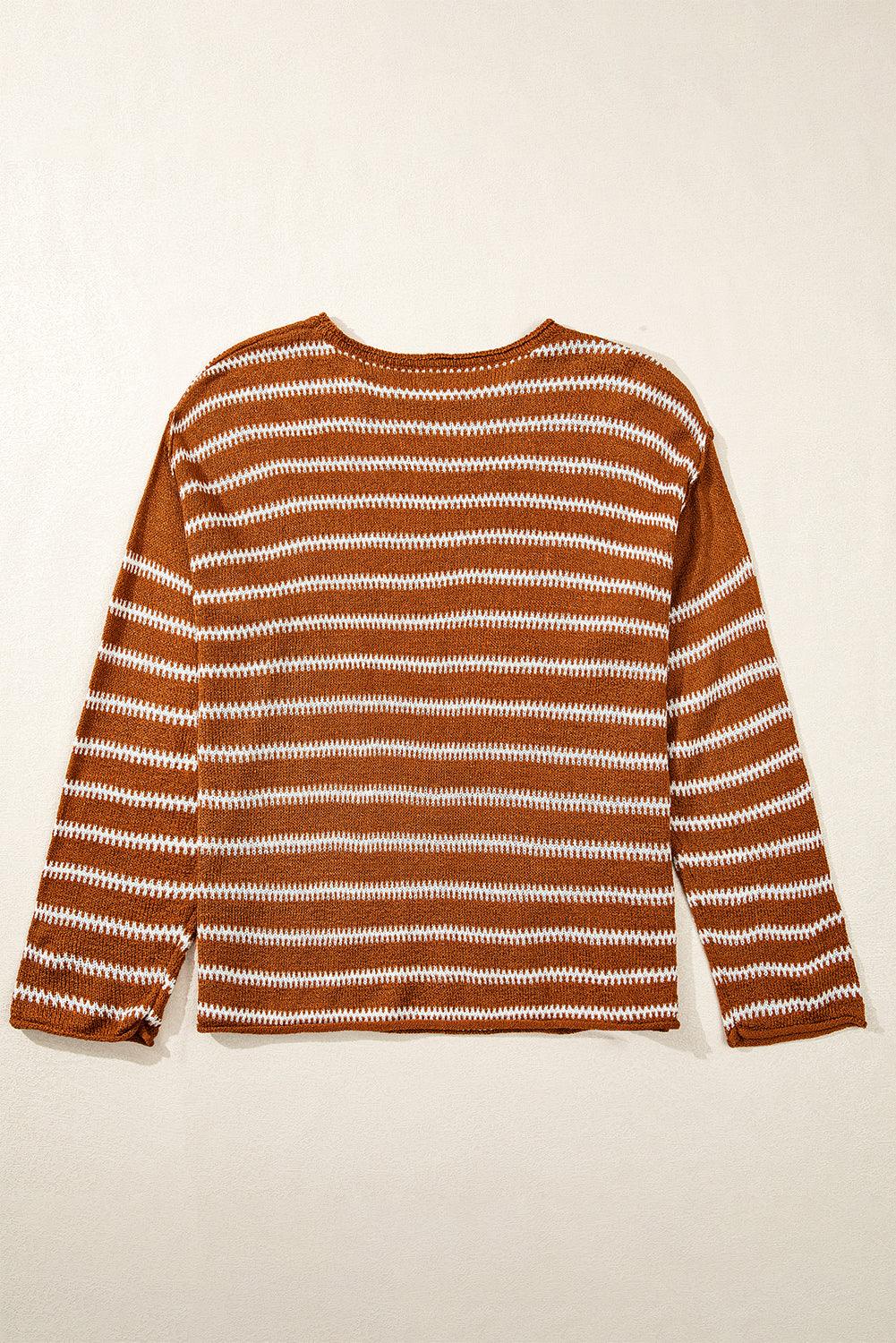 Brown Stripe Drop Shoulder Casual Sweater