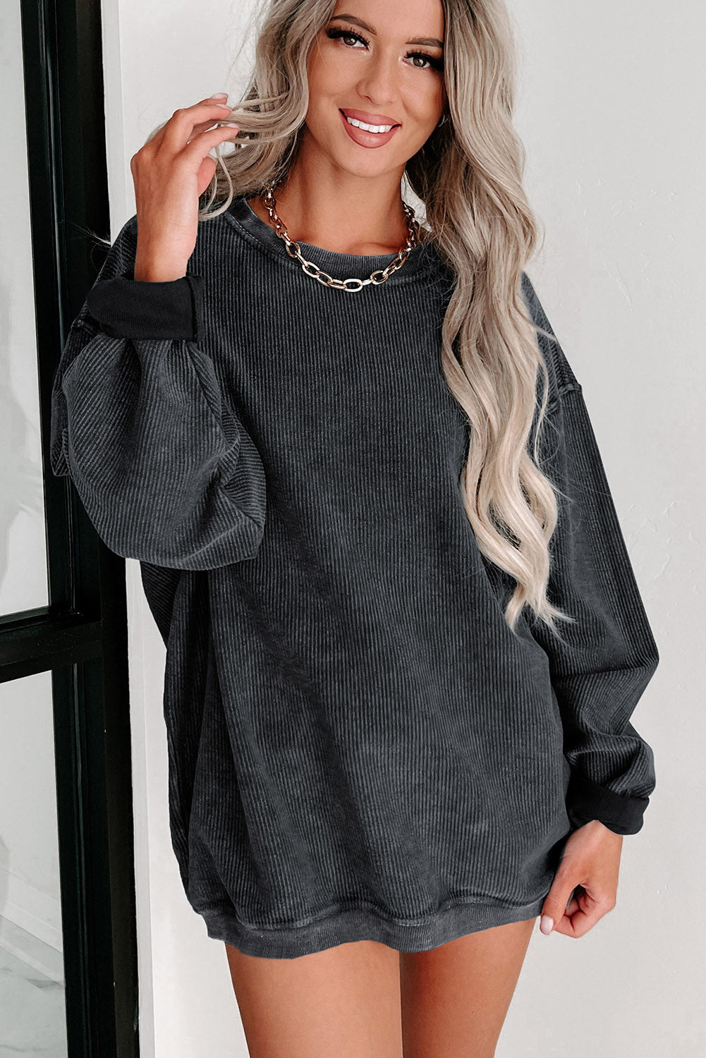 Black Sequin LOVE Chenille Embroidered Graphic Corded Sweatshirt