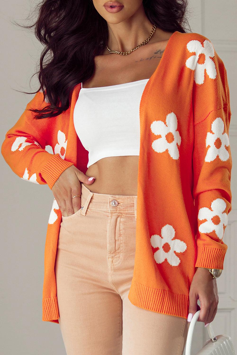 Orange Floral Print Knitted Open Front Loose Cardigan