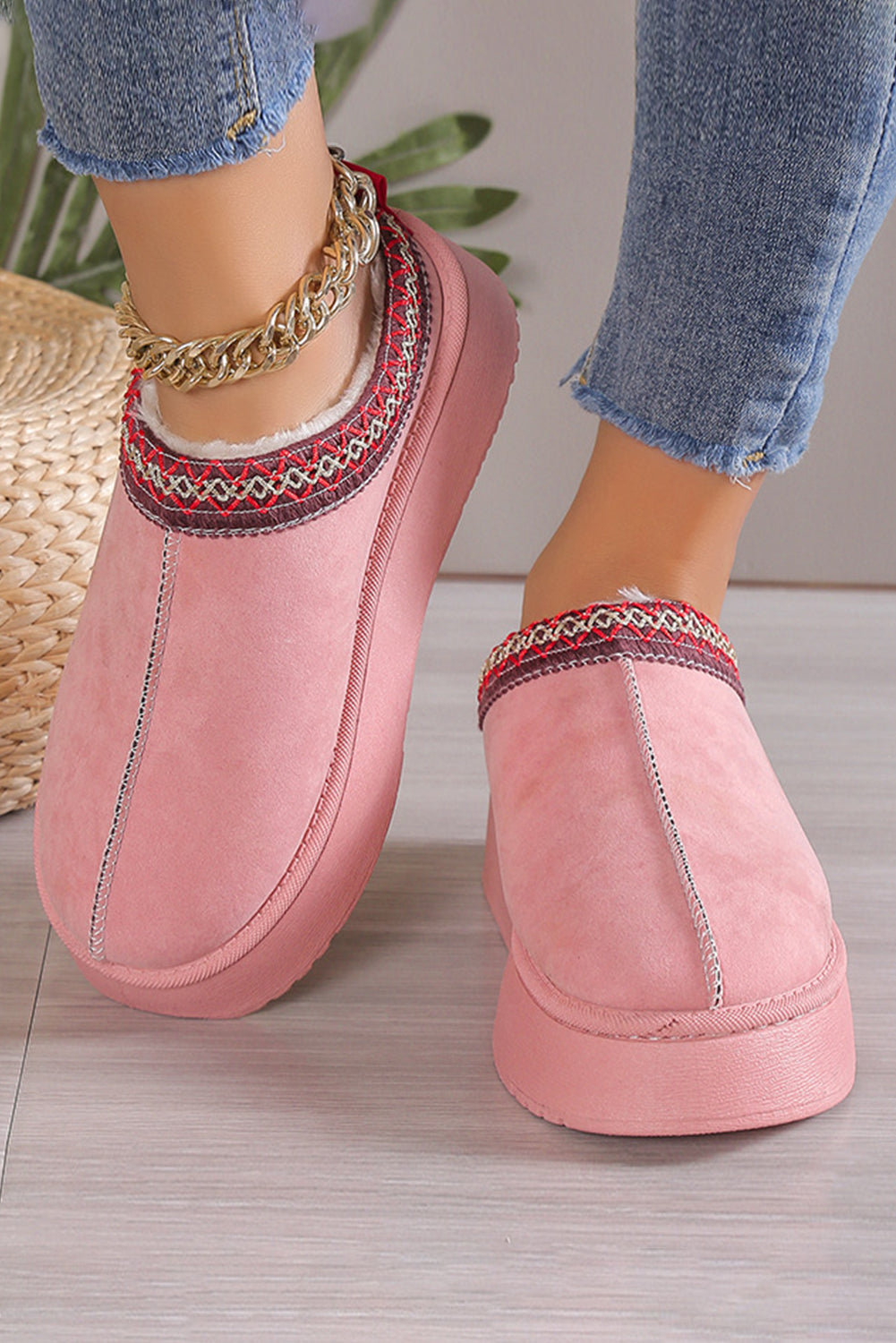 Apricot Pink Suede Contrast Print Plush Lined Snow Boots