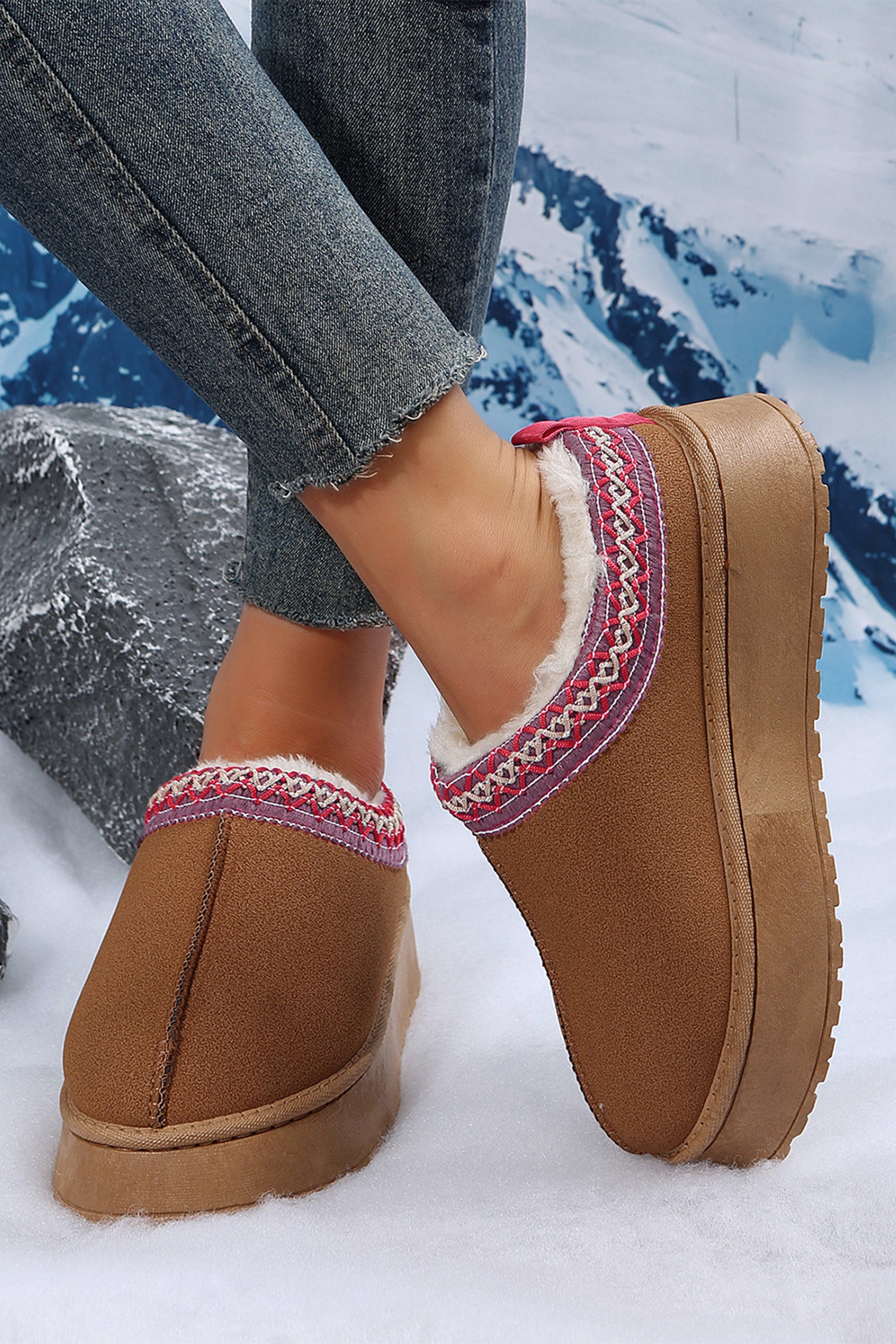Apricot Pink Suede Contrast Print Plush Lined Snow Boots