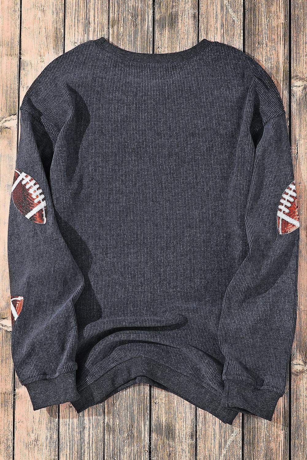 Gray Sequin Rugby Football Graphic Corded Baggy Sweatshirt