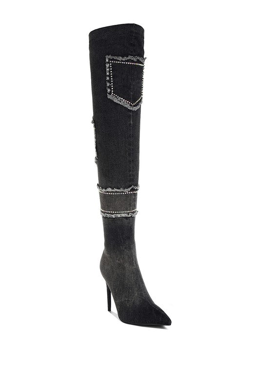 Eilish Rhinestones Knee High Denim Boots