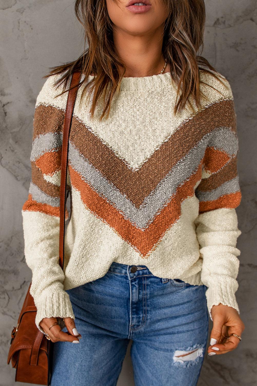 Multicolor Chevron Striped Drop Shoulder Sweater