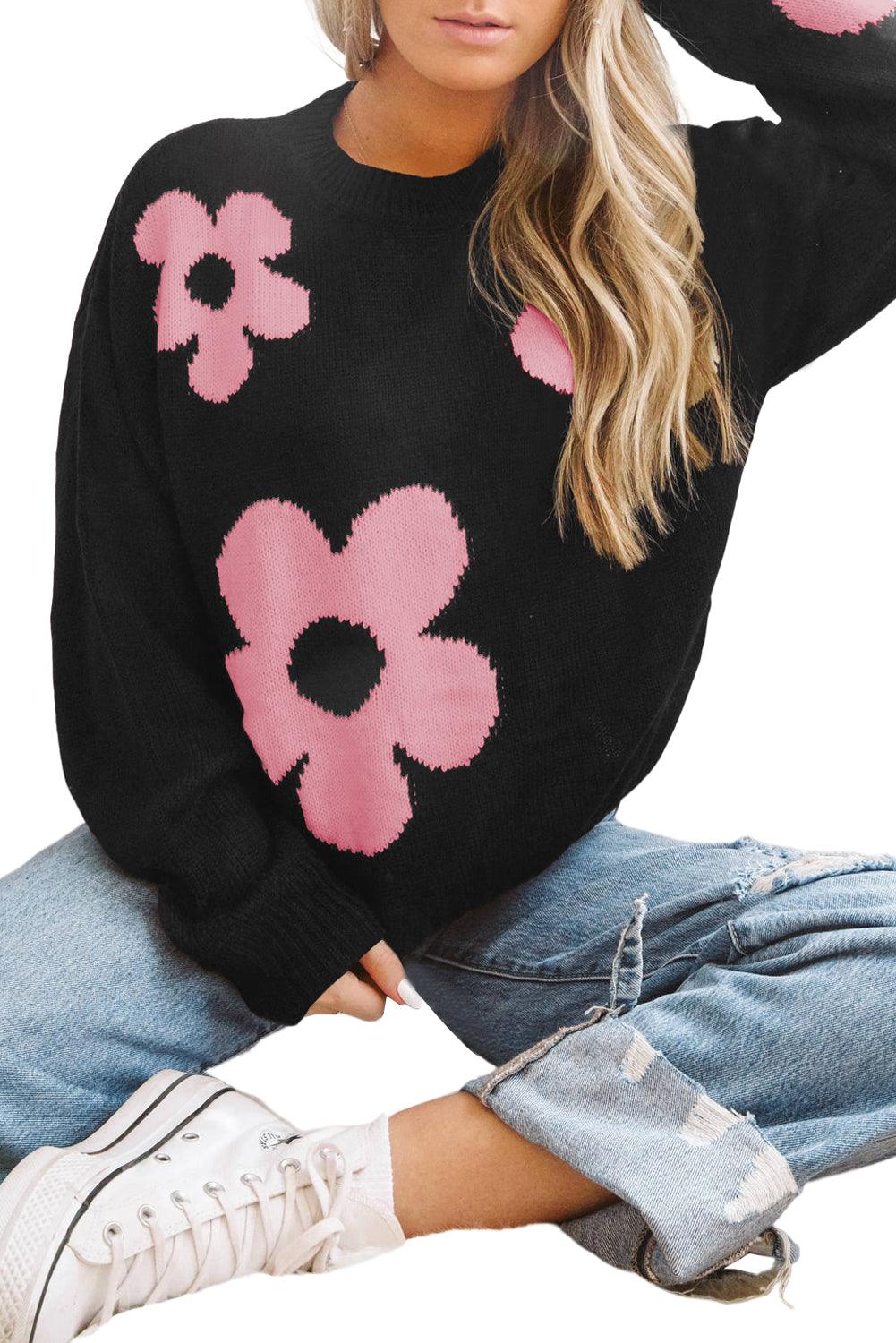 Khaki Big Flower Pattern Drop Shoulder Sweater