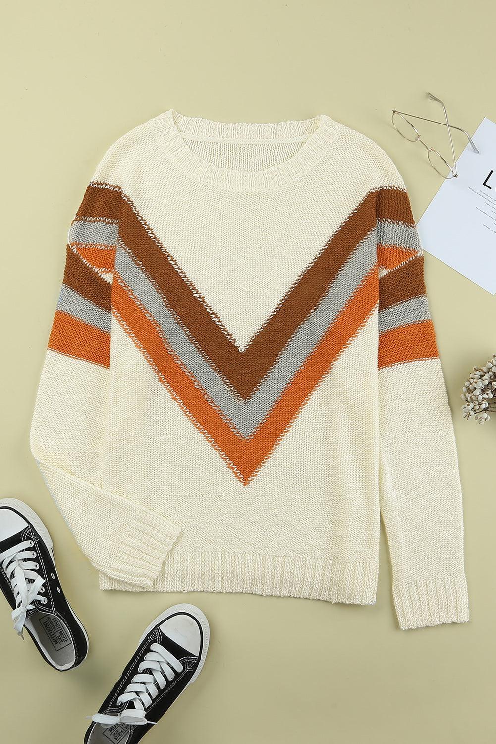 Multicolor Chevron Striped Drop Shoulder Sweater