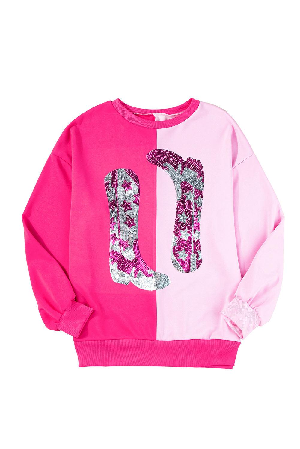 Pink Color Block Sequined Cowgirl Boots Graphic Sweatshirt