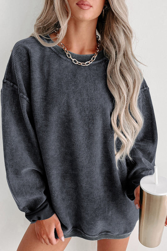 Black Sequin LOVE Chenille Embroidered Graphic Corded Sweatshirt