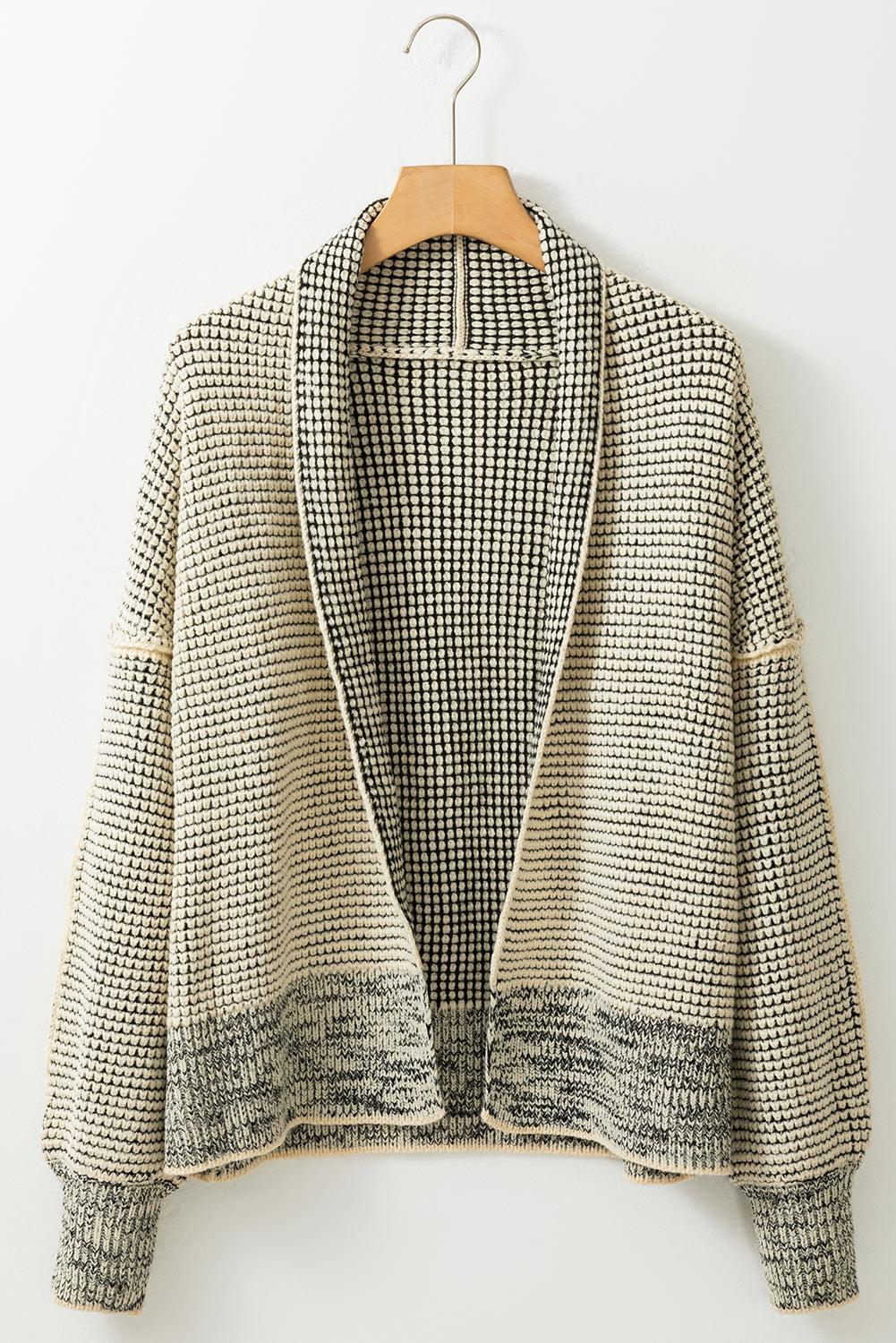 Grey Plaid Contrast Trim Open Front Cardigan