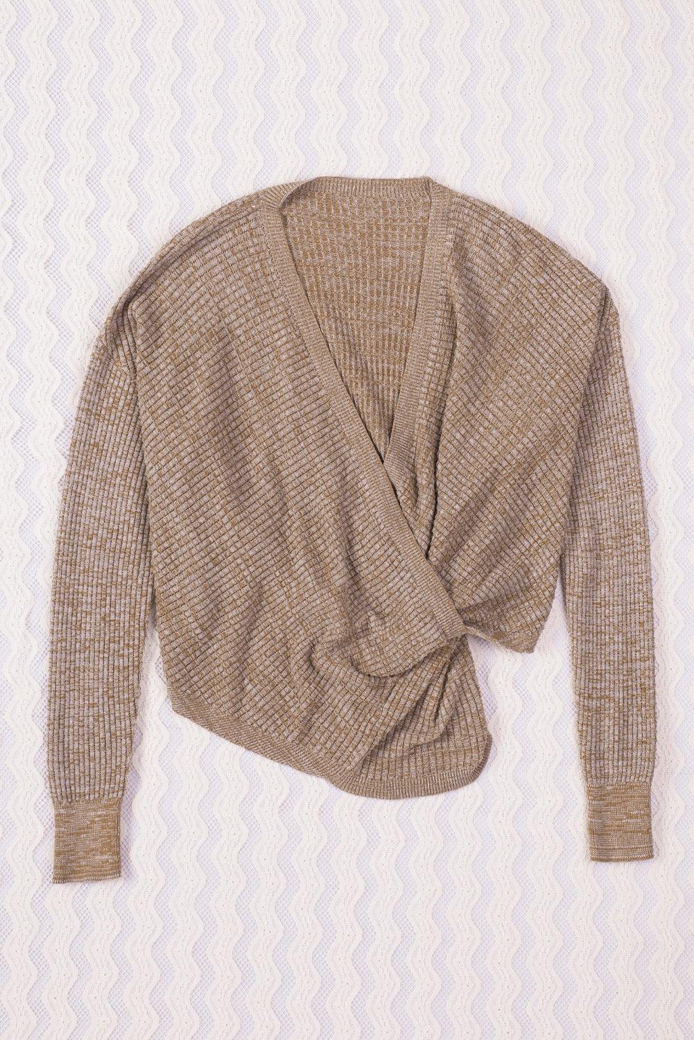 Khaki Wrap V Neck Waffle Sweater