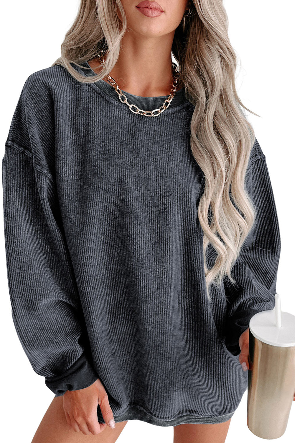 Black Sequin LOVE Chenille Embroidered Graphic Corded Sweatshirt