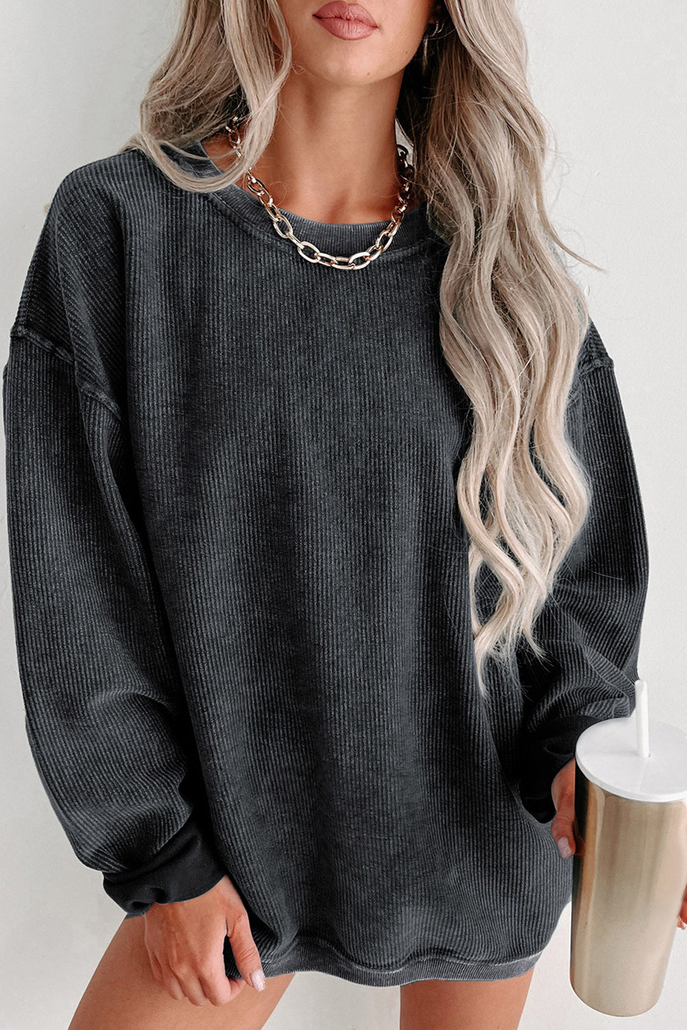 Black Sequin LOVE Chenille Embroidered Graphic Corded Sweatshirt