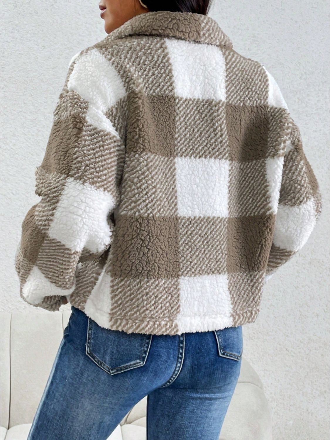 Decorative Pocket Flap Plaid Long Sleeve Jacket