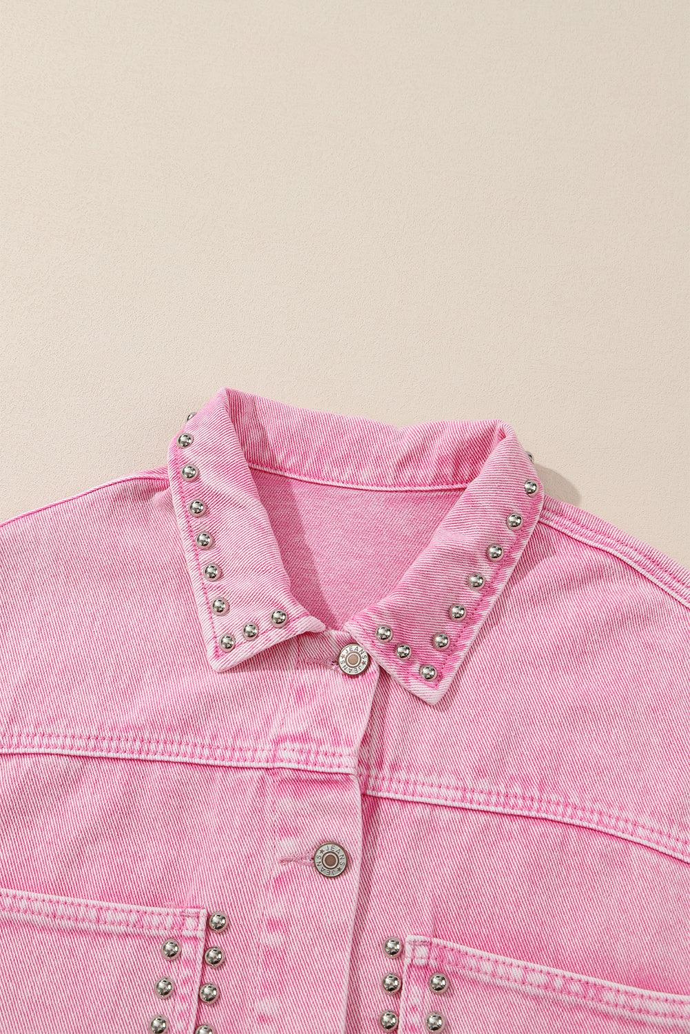 Pink Rivet Studded Pocketed Denim Jacket