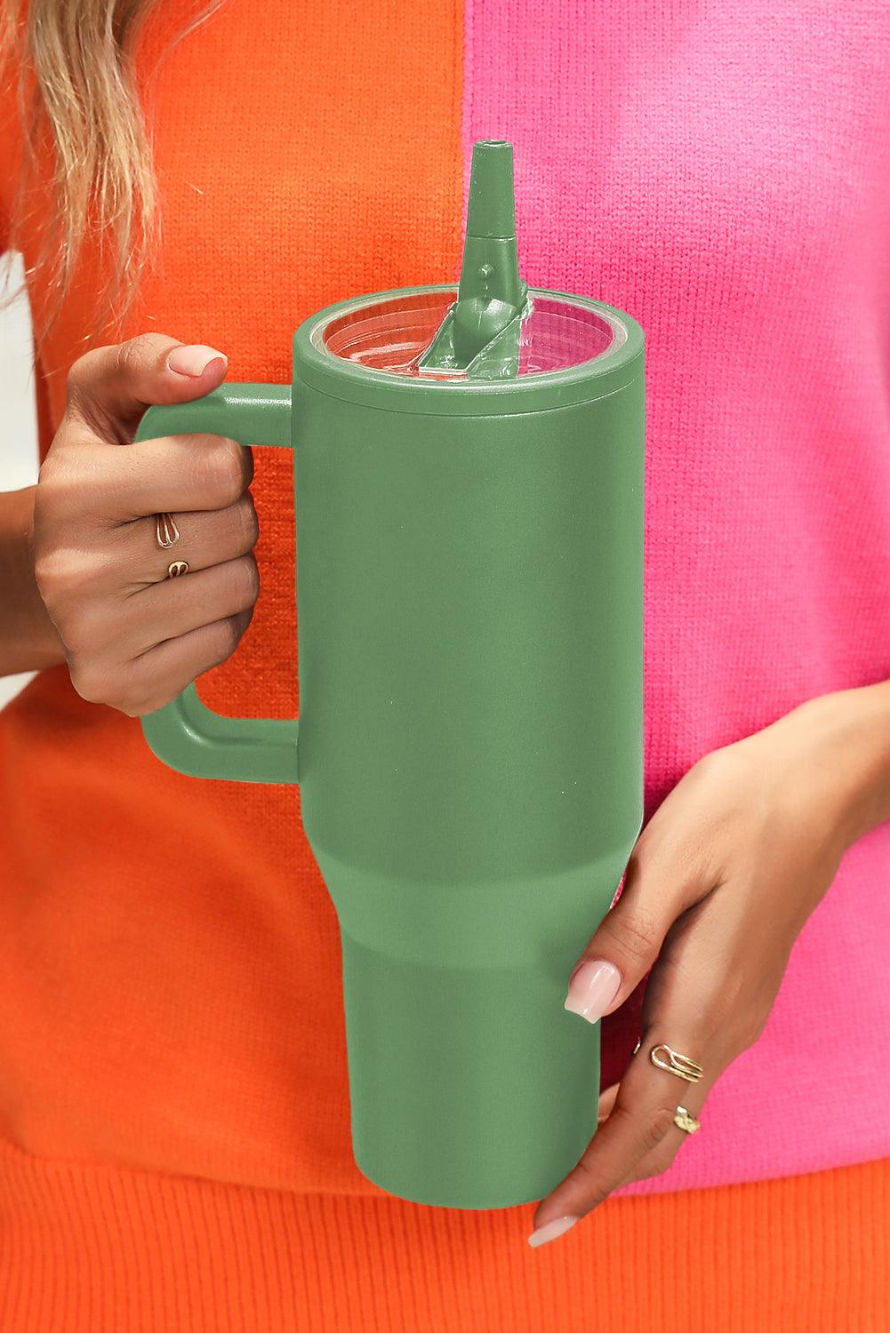 Dark Green Frosted Stainless Handle Large Vacuum Cup with Straw 40oz