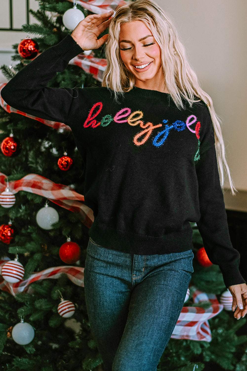 Pink Howdy Heart Graphic Round Neck Casual Sweater