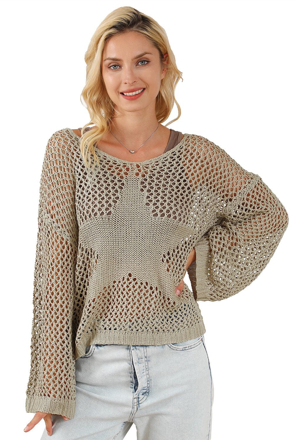 Light French Beige Star Pointelle Knit Baggy Sweater