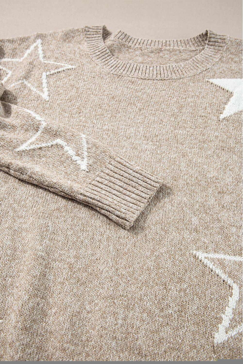 Khaki Star Pattern Drop Shoulder Sweater